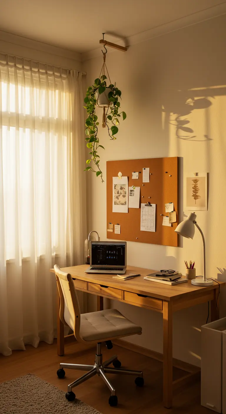 Bureau en bois baigné dans la lumière chaude du soleil couchant.