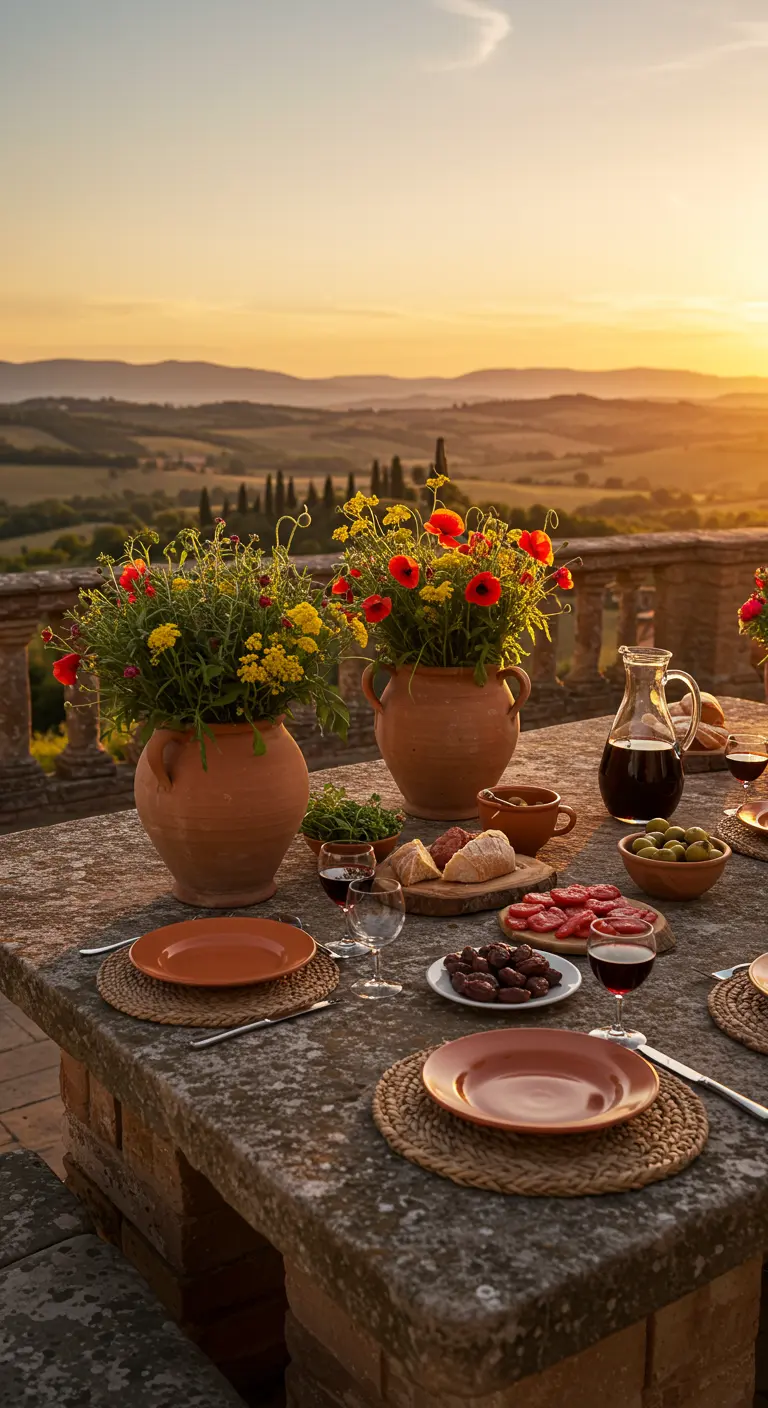 Table en pierre au coucher du soleil avec pots en terre cuite de fleurs sauvages.