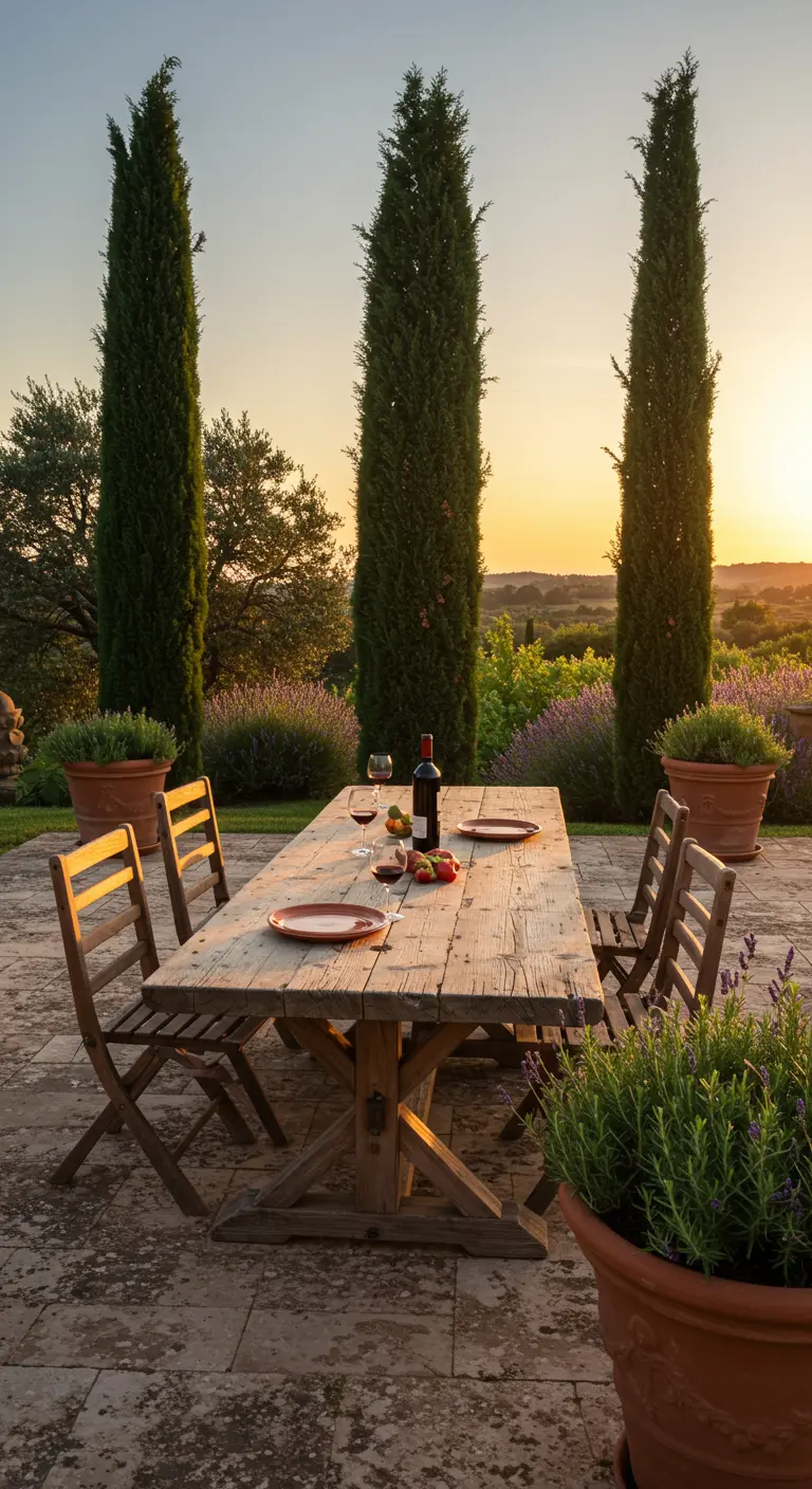 Table repas en bois sur une terrasse en pierre au coucher du soleil, avec des cyprès.