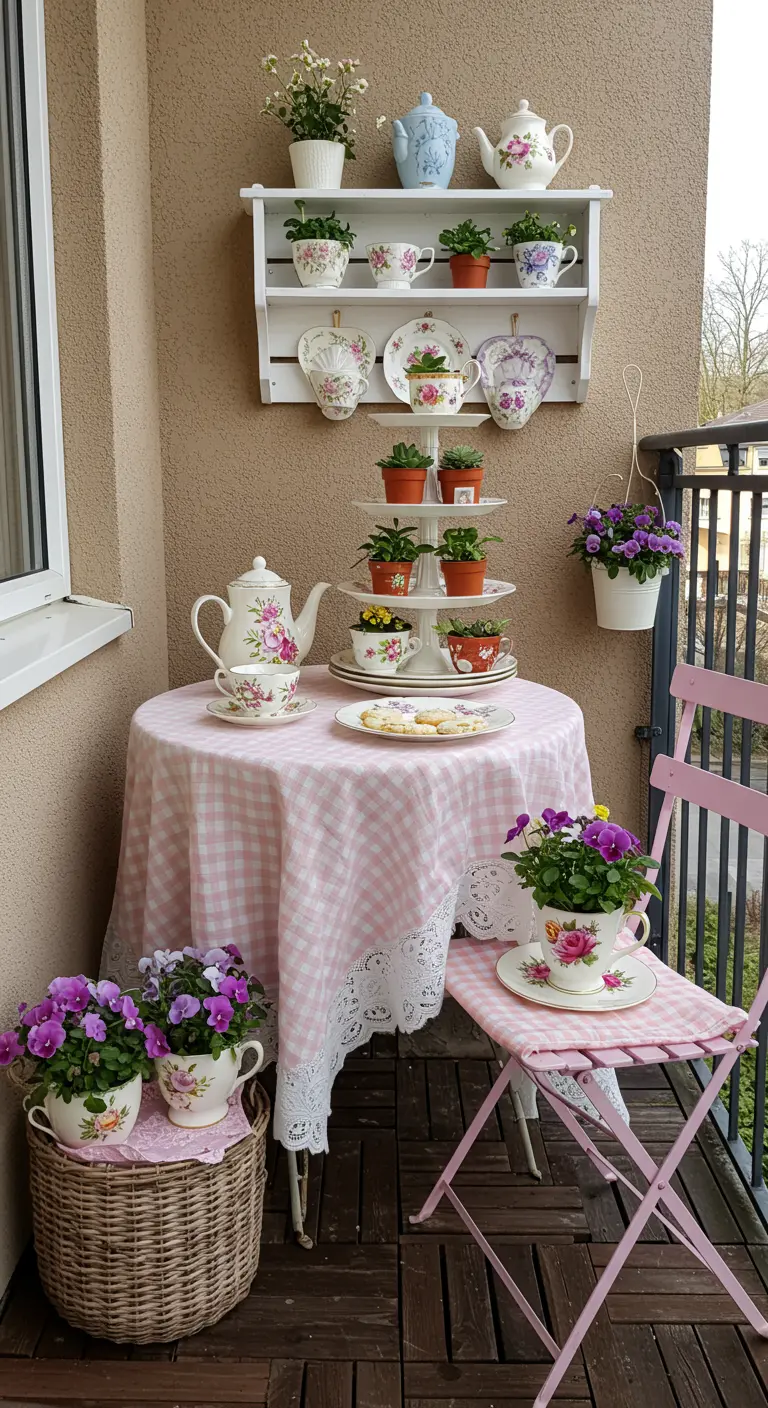 Scène de thé romantique sur un balcon avec nappe vichy et vaisselle fleurie.