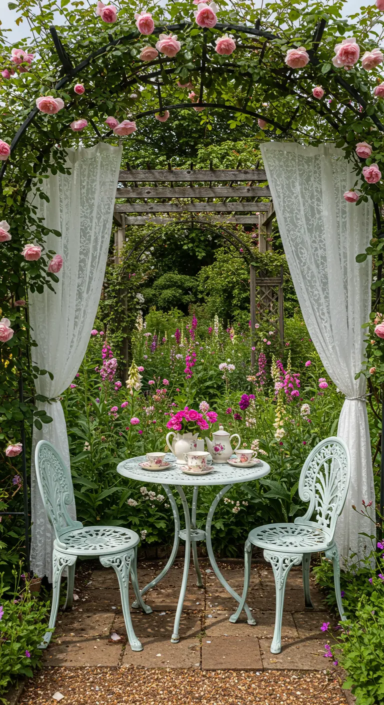 Arche de roses avec rideaux de dentelle et table de thé romantique