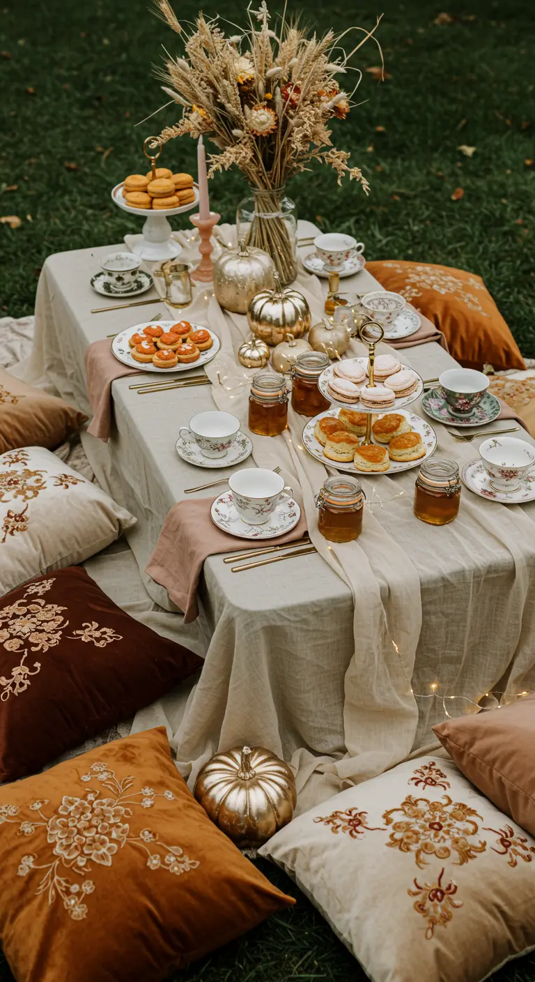 Goûter chic en extérieur avec vaisselle vintage et coussins brodés.