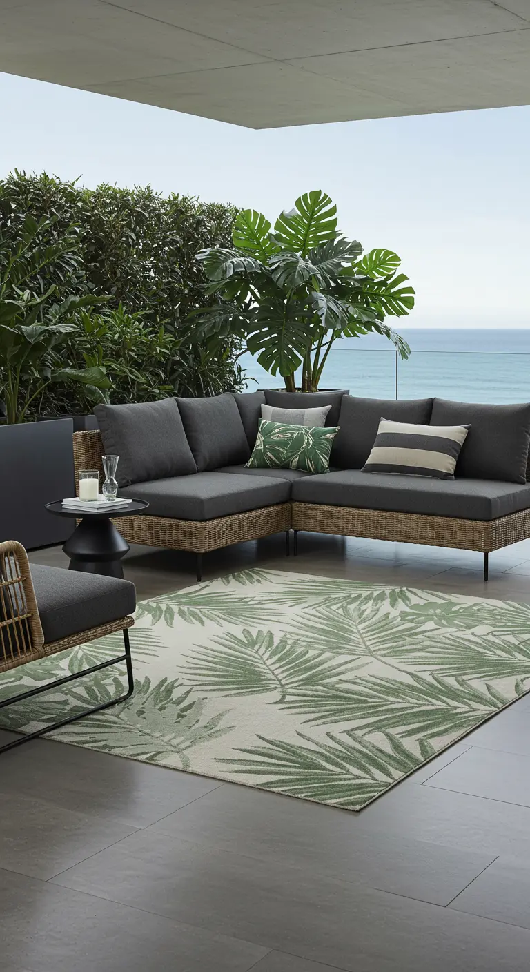 Canapé d'angle moderne et tapis à motif de feuilles de palmier sur une terrasse vue sur mer.