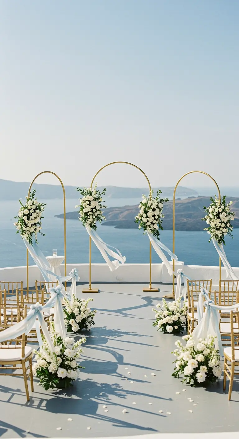 Plusieurs arches dorées alignées sur une terrasse avec vue sur la mer Égée.