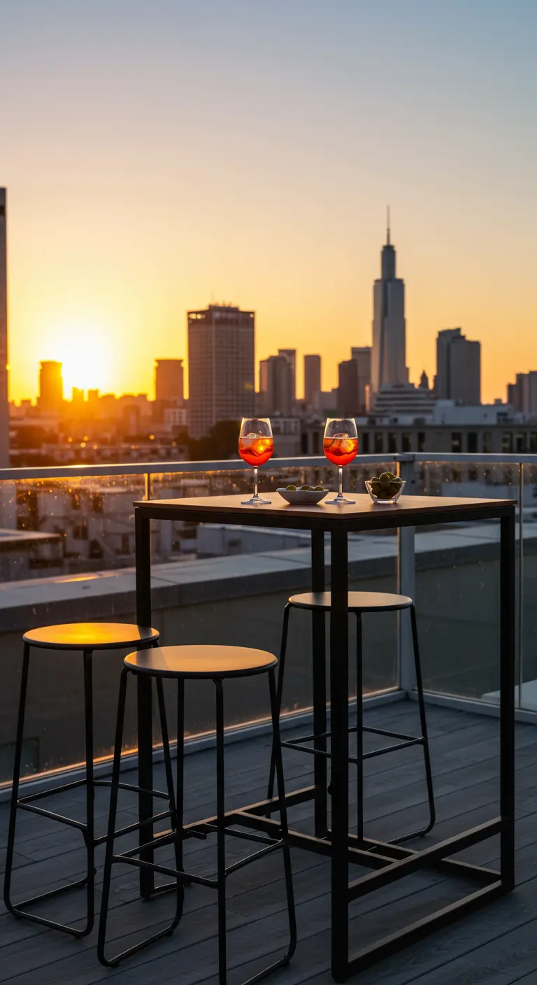 Table haute noire sur un rooftop au coucher du soleil.