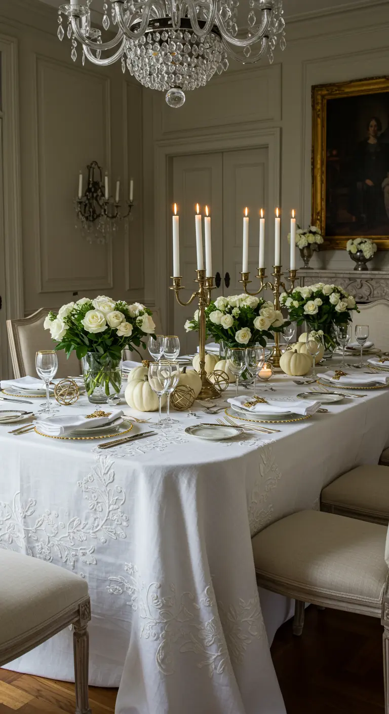 Salle à manger élégante, table blanche avec roses blanches, citrouilles blanches, chandeliers dorés.