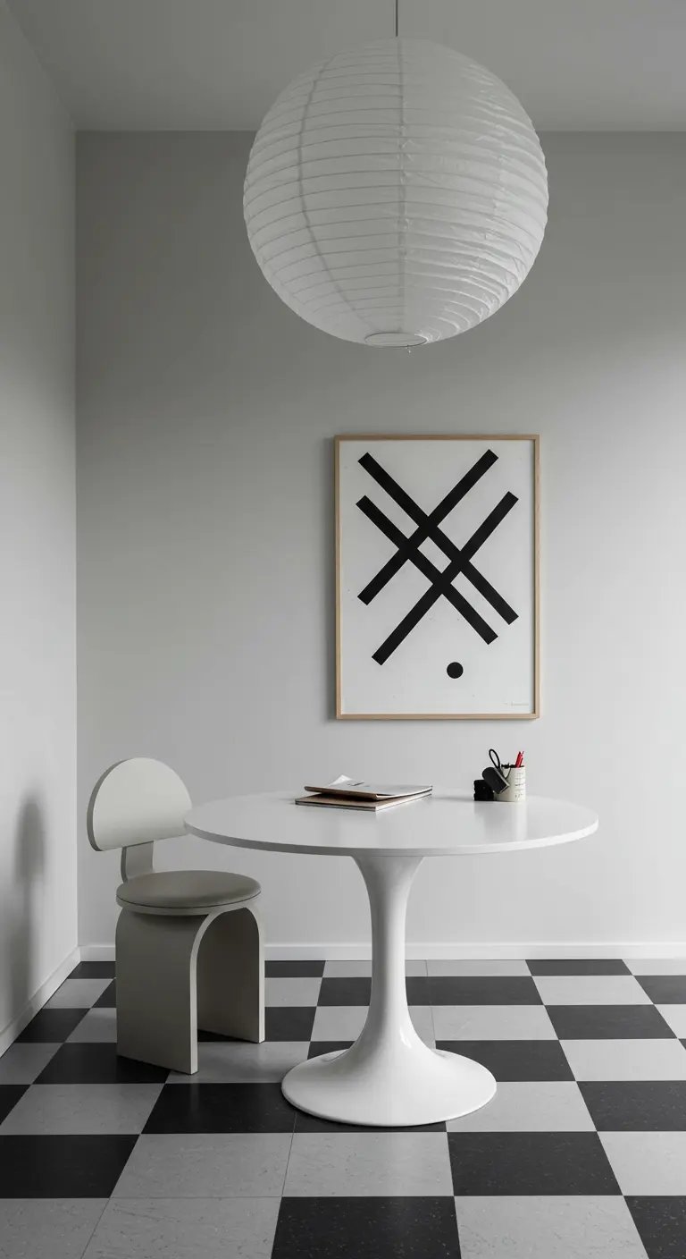 Table ronde blanche et chaise design sur un sol à damier noir et blanc.