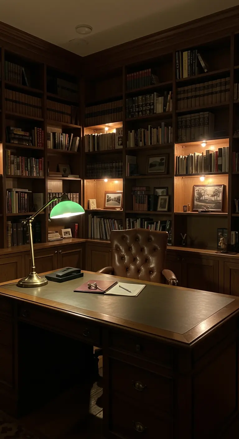 Bureau en bois sombre dans une bibliothèque classique avec une lampe de banquier verte.