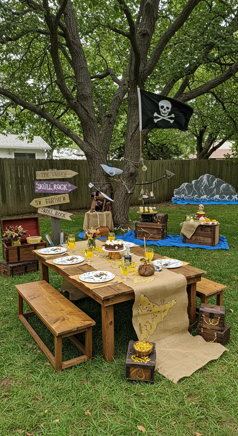 Table de fête pirate en bois dressée dans un jardin verdoyant