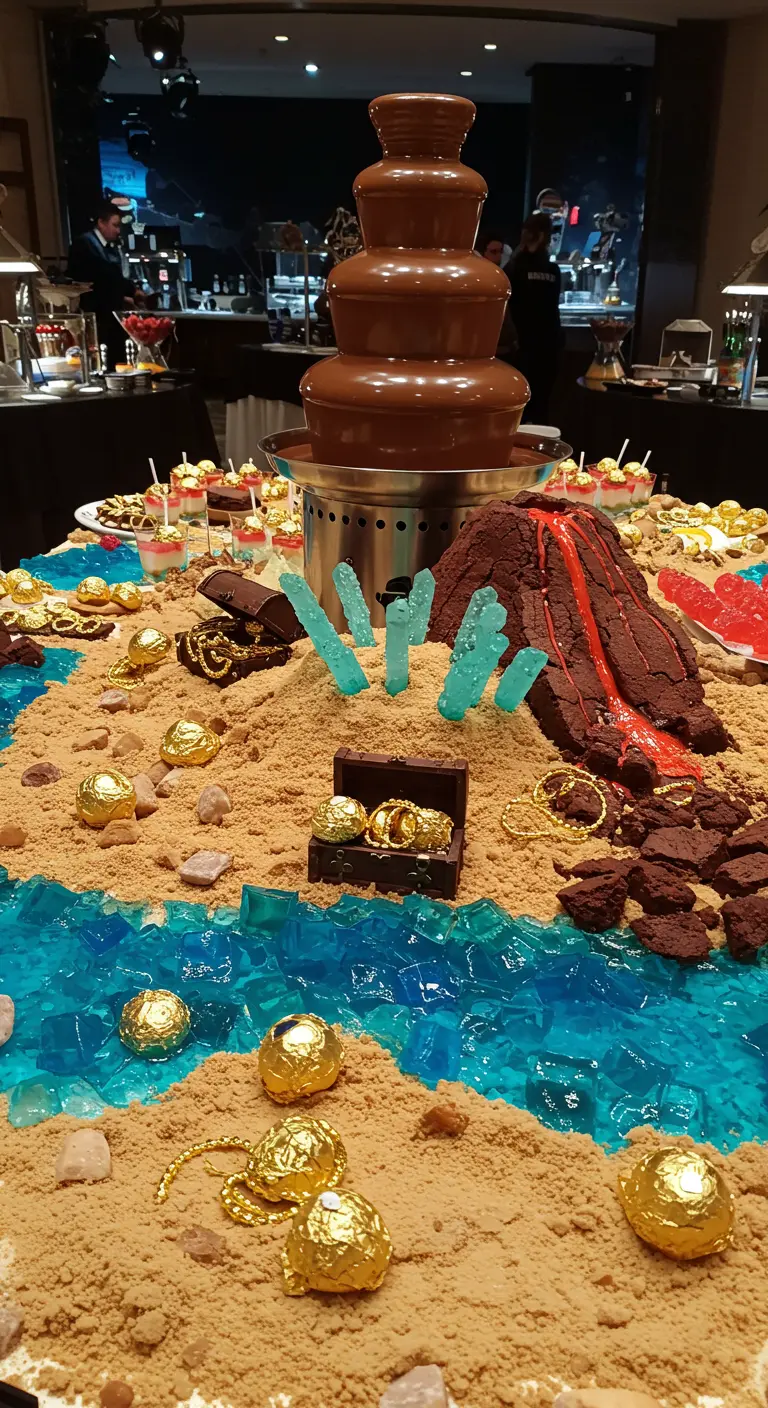Buffet de desserts pirate avec fontaine à chocolat, volcan en gâteau et bonbons en forme de trésor.