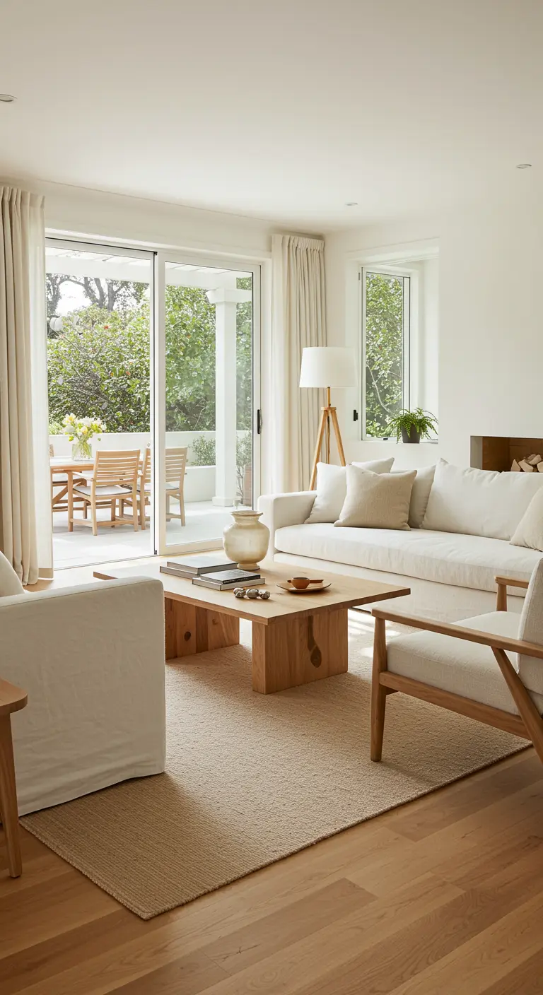 Salon ouvert sur une terrasse, avec des tons beige et bois clair unifiés.