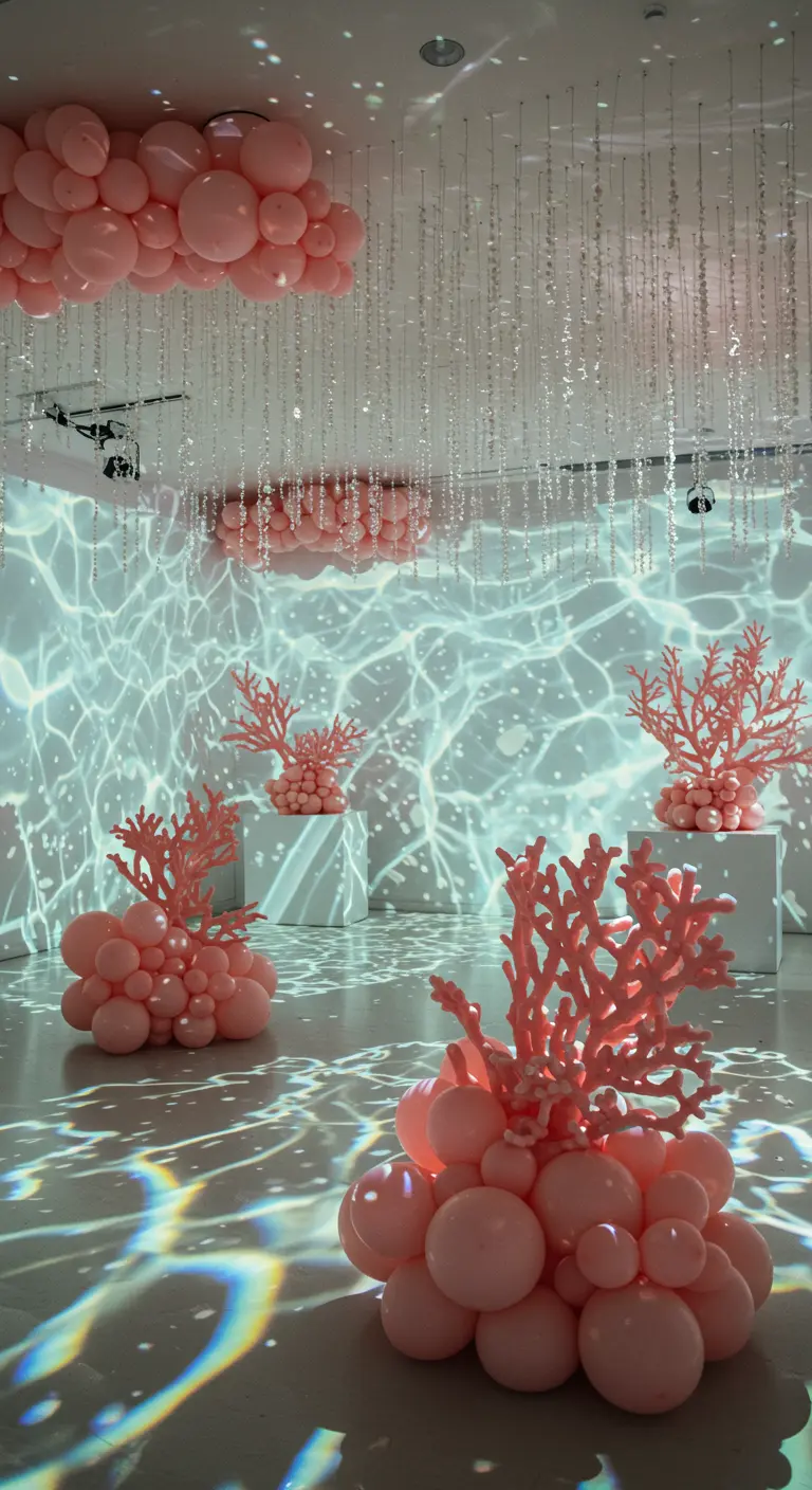 Une salle immersive avec des projections d'eau sur les murs et des coraux en ballons.