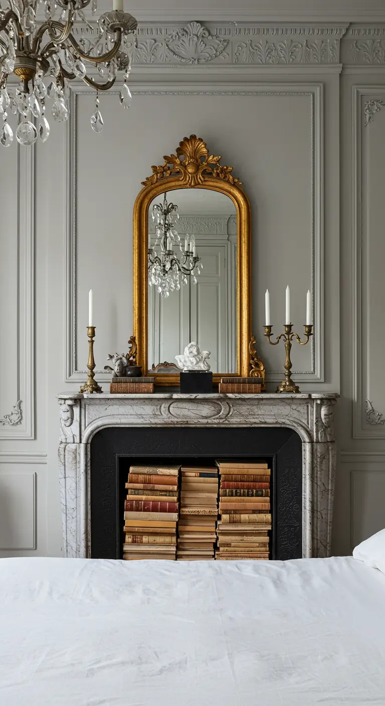 Un manteau de cheminée haussmannien sert de tête de lit, avec des livres empilés dans l'âtre.