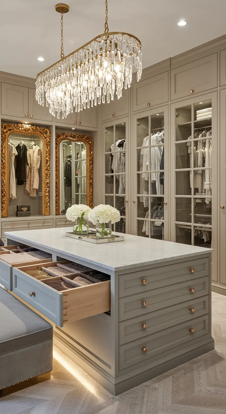 Dressing gris clair avec un grand îlot central à tiroirs, surmonté d'un lustre en cristal.