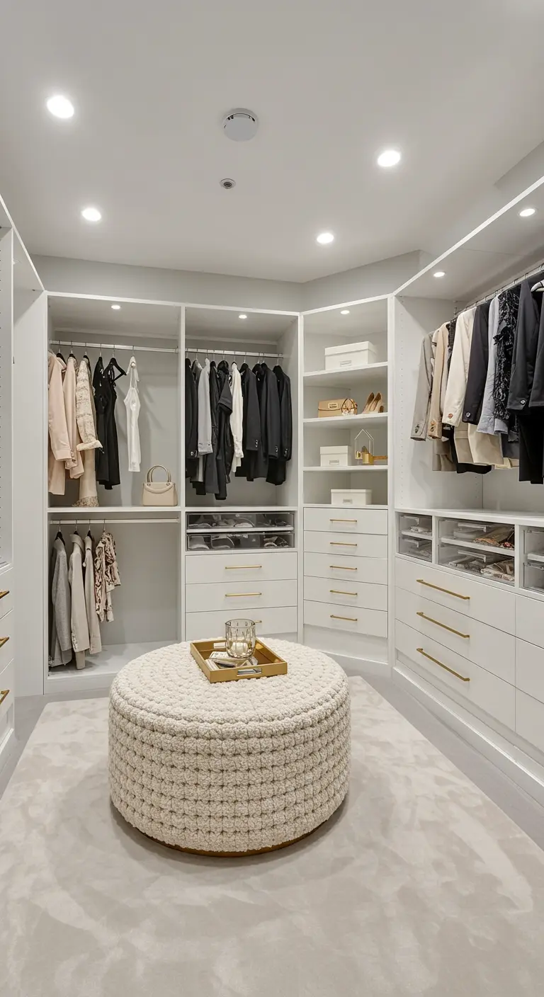 Dressing blanc avec îlot central pouf tressé, rangements intégrés et miroir discret.