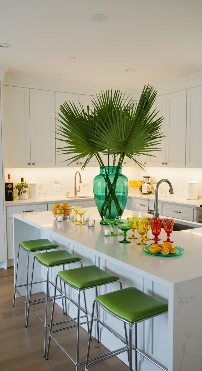 Îlot de cuisine blanc avec un grand vase de feuilles de palmier et des verres colorés