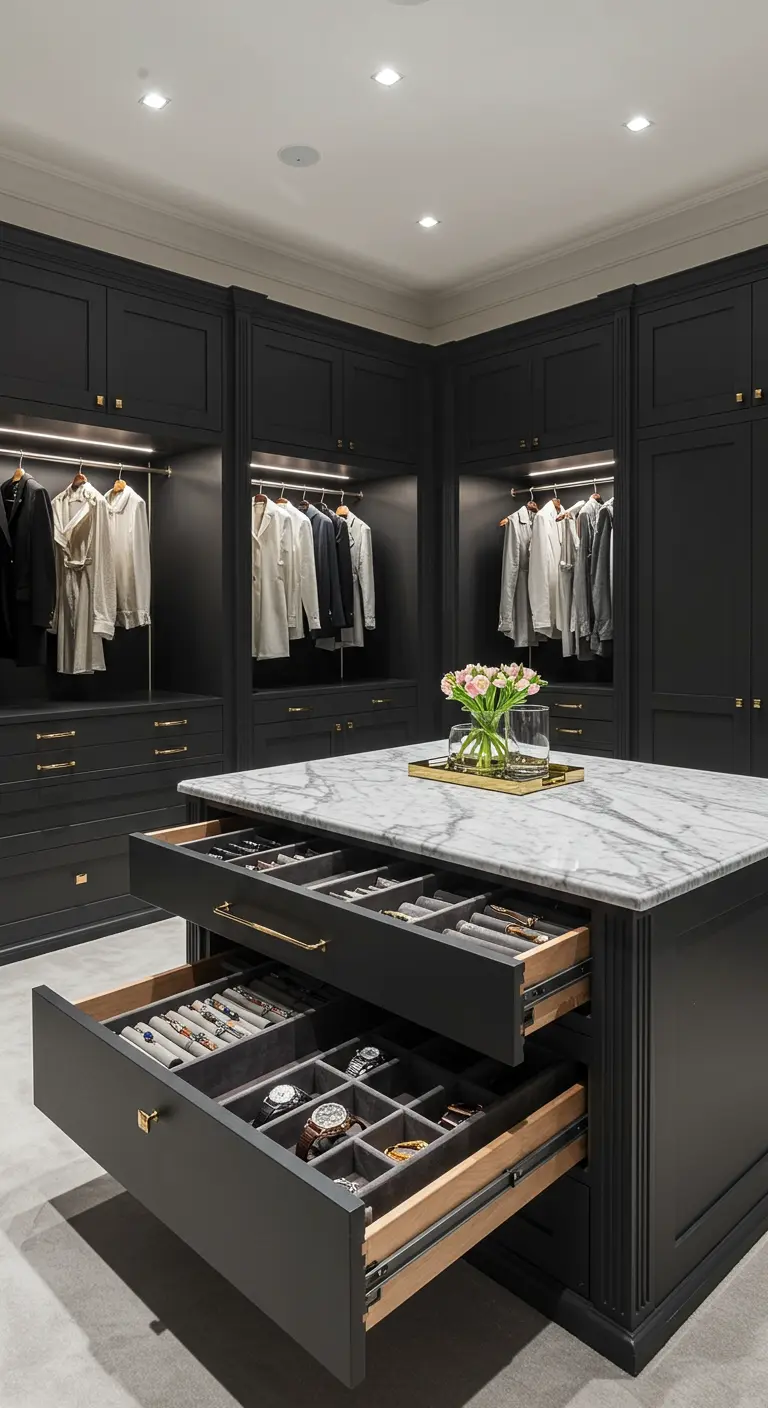 Îlot central en marbre dans un dressing noir, avec tiroirs ouverts pour bijoux et montres.