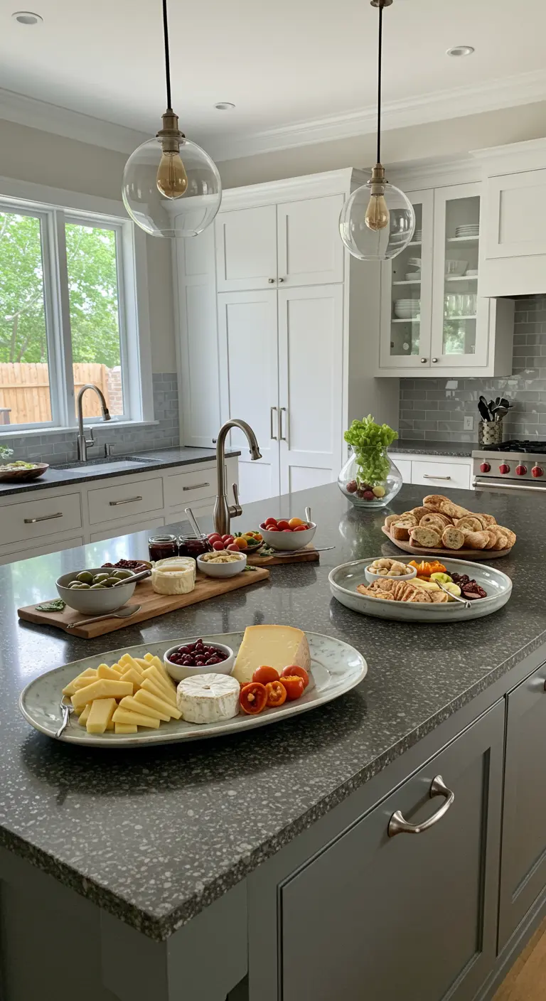 Îlot de cuisine avec de grands plats en céramique servant de plateau de fromages et d'apéritifs.