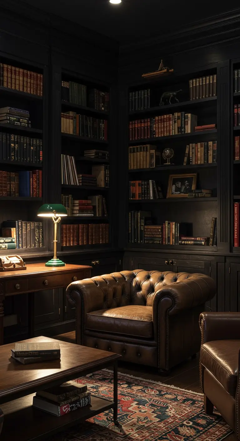 Fauteuil Chesterfield en cuir dans une bibliothèque sombre aux murs remplis de livres.