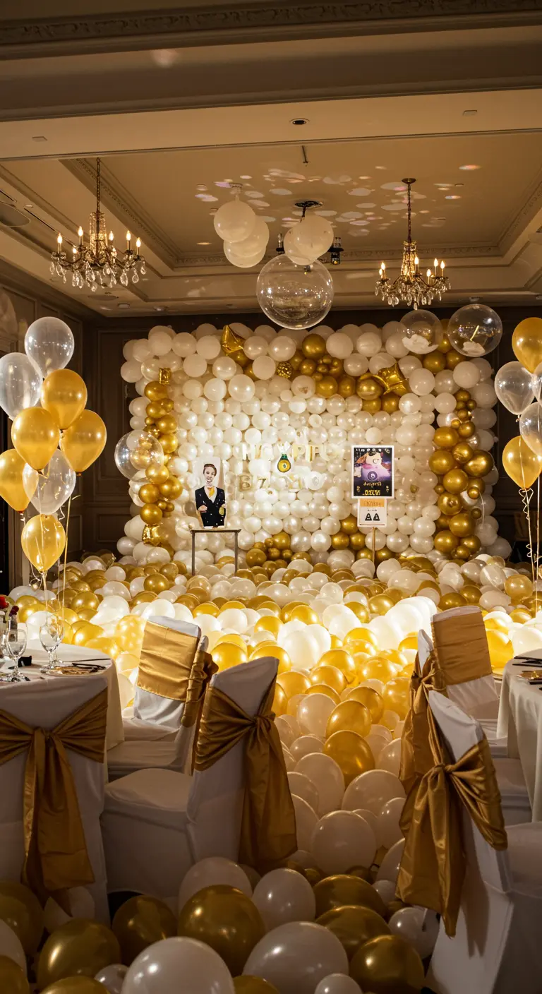 Salle de réception remplie d'un mur massif de ballons blancs et dorés.