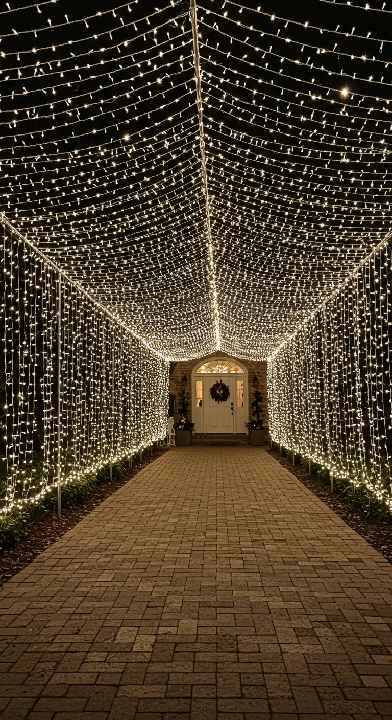Tunnel intense de guirlandes lumineuses blanches au-dessus d'une allée pavée de briques.