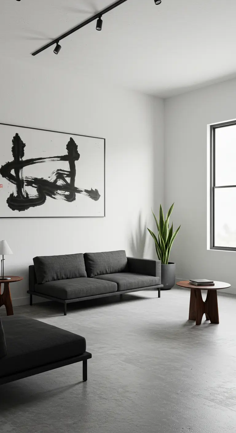 Salon Japandi noir et blanc avec canapé noir, grand tableau abstrait et plante verte.
