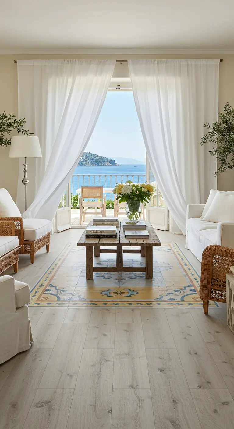 Salon côtier avec un tapis de carreaux incrusté dans un parquet clair et vue mer.