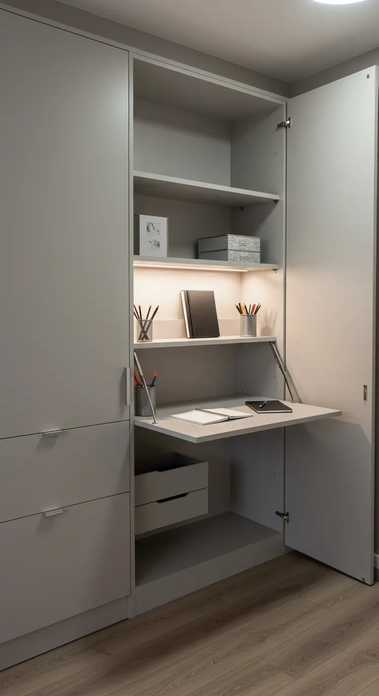 Bureau rabattable gris clair intégré dans une armoire, avec rangements.