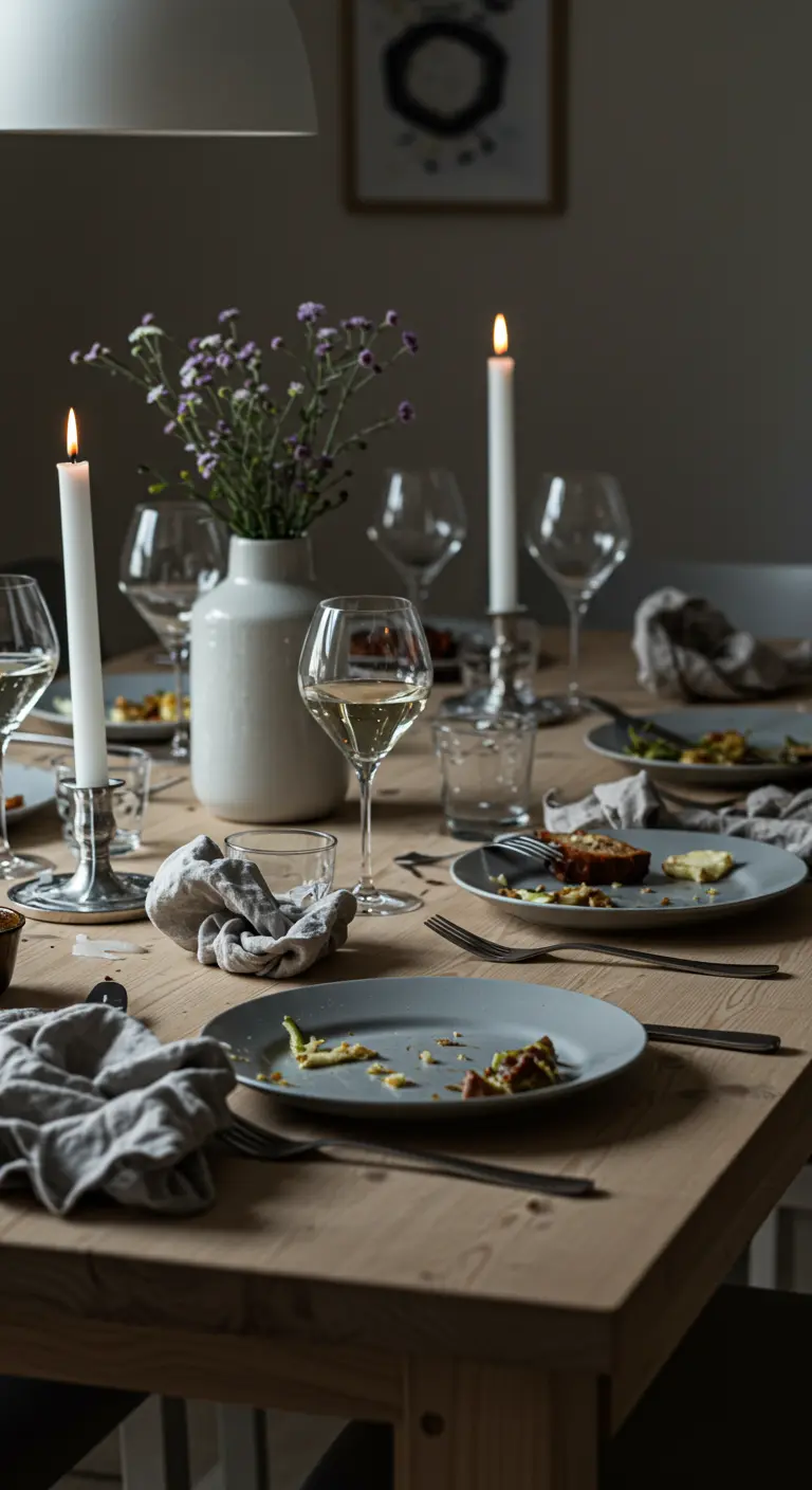 Table de fête après le repas, avec des assiettes et des verres utilisés.