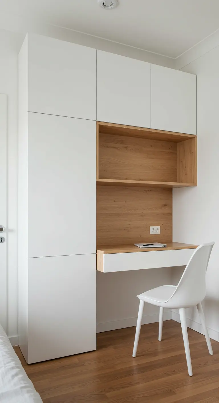 Niche de bureau en bois intégrée dans un grand placard mural blanc.