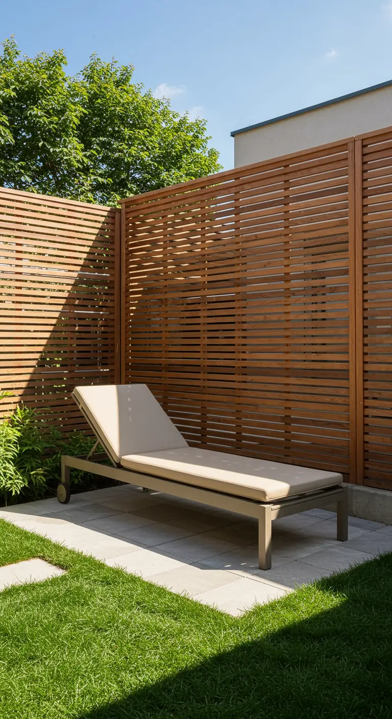 Chaise longue sur une terrasse devant une clôture en lattes de bois horizontales.