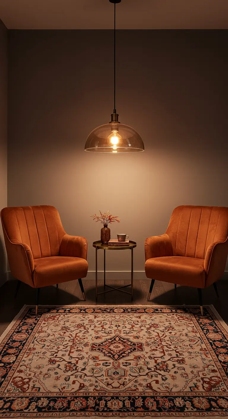 Deux fauteuils en velours terracotta face à face sous une suspension en verre.