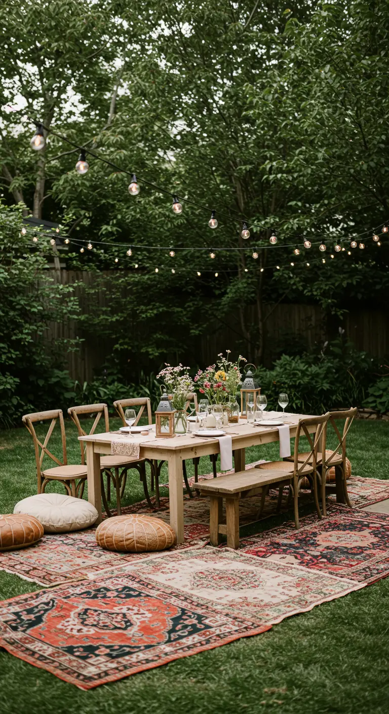 Réception de mariage intime dans un jardin avec table en bois, tapis oriental, guirlandes lumineuses et coussins de sol.