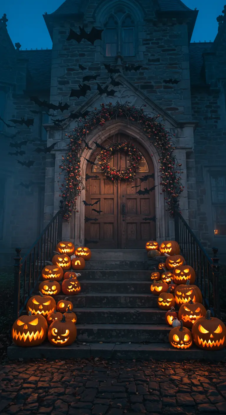 Escalier de manoir hanté bordé de citrouilles illuminées et de chauves-souris.