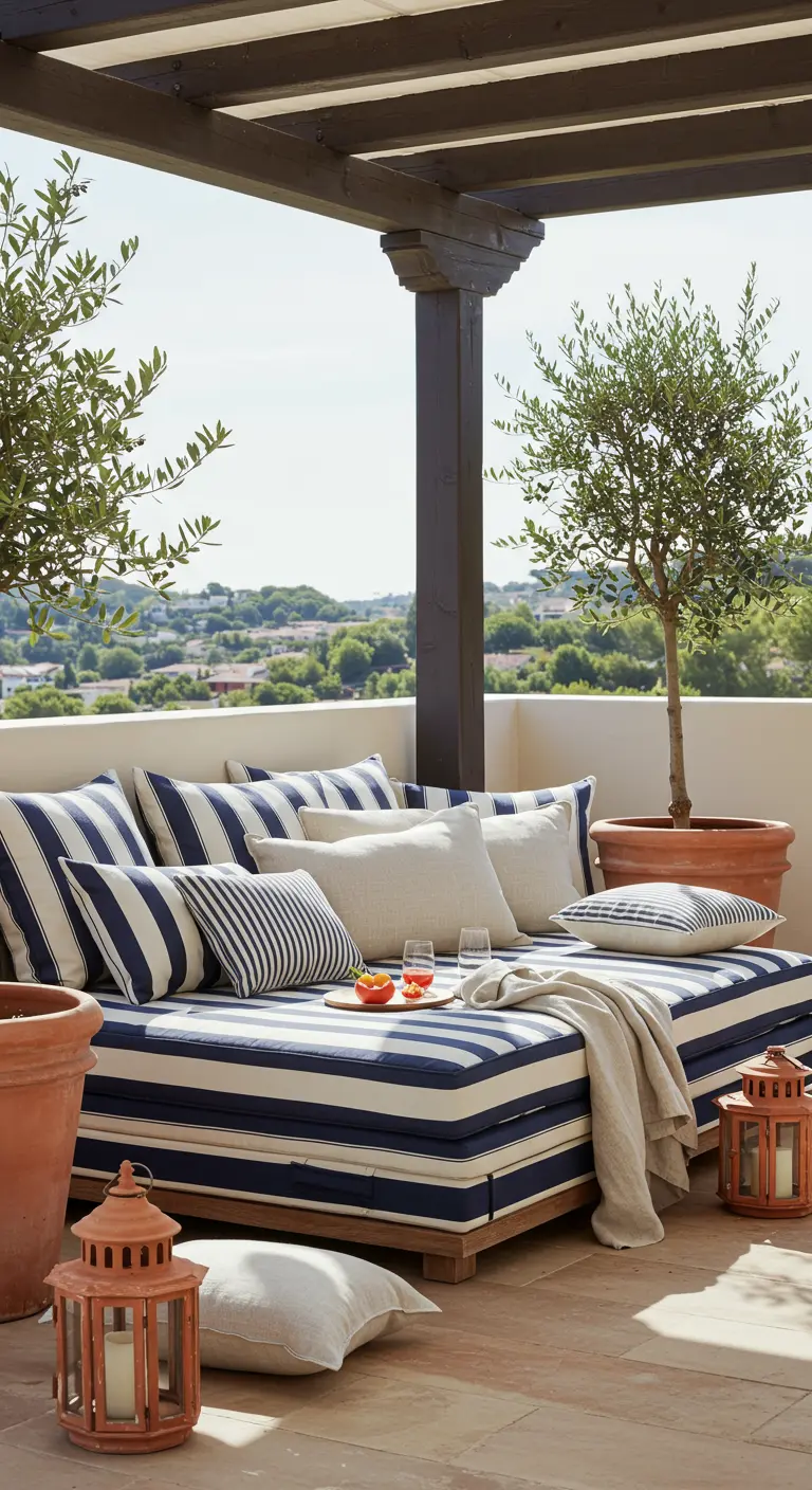 Lit de repos extérieur sous une pergola, avec de nombreux coussins rayés.
