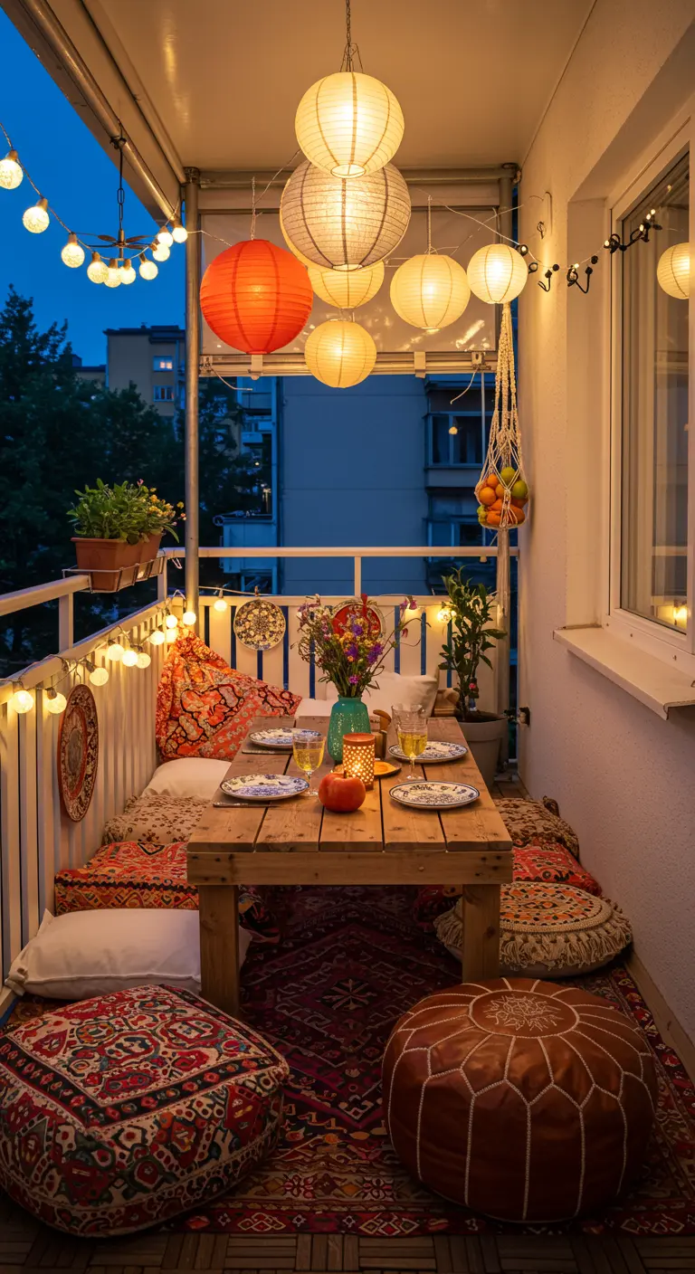 Balcon bohème avec table basse, coussins de sol, lampions suspendus et guirlandes lumineuses.