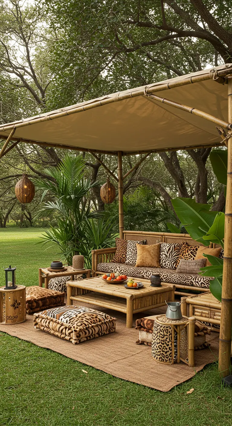 Salon extérieur en bambou avec coussins imprimé léopard, sous un auvent beige, dans un jardin verdoyant.