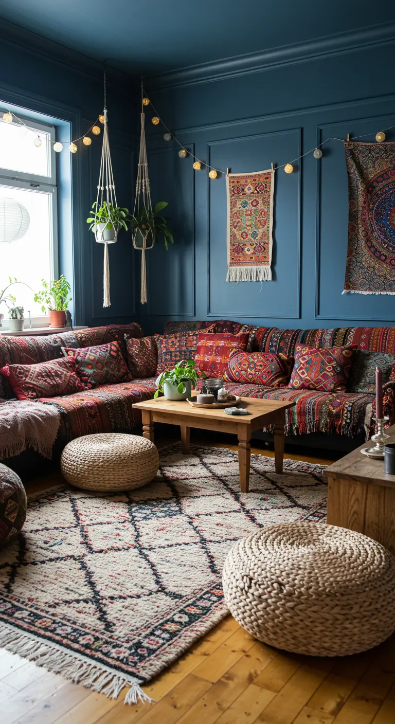 Salon bohème avec murs bleus, canapé d'angle ethnique et tapis berbère.