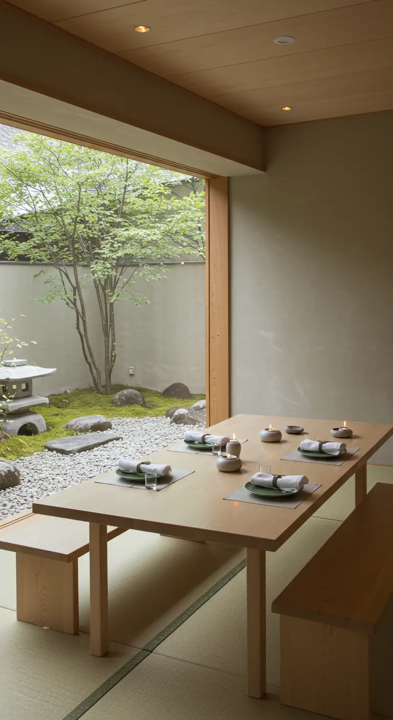 Table basse Japandi avec bancs, vue sur jardin zen, coupelles en céramique et bougies.