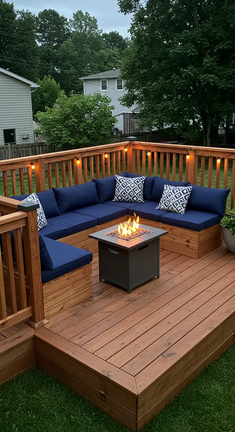 Banquette d'angle en bois sur deck, coussins bleu marine et foyer central.