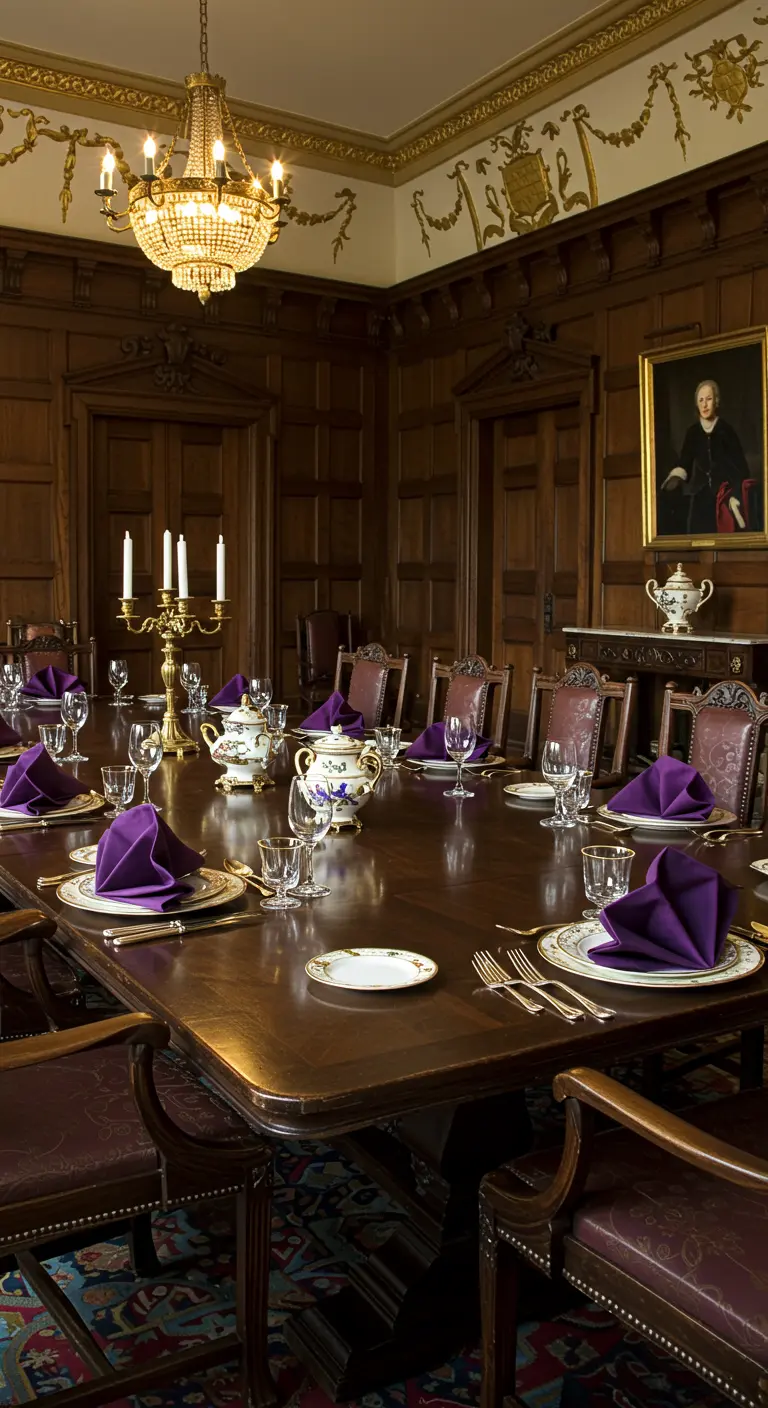 Table de dîner formelle avec des serviettes violettes pliées en forme d'iris.