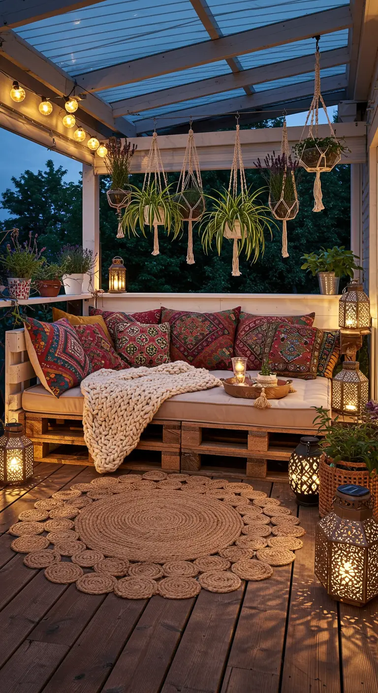 Canapé en palette de style bohème avec des coussins, des lanternes et des plantes suspendues.