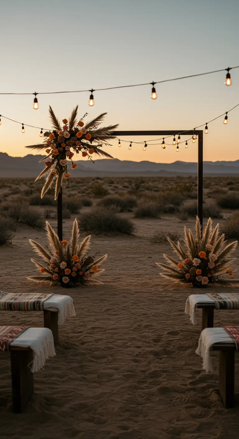 Arche de mariage noire dans le désert avec de l'herbe de la pampa et des fleurs orange.