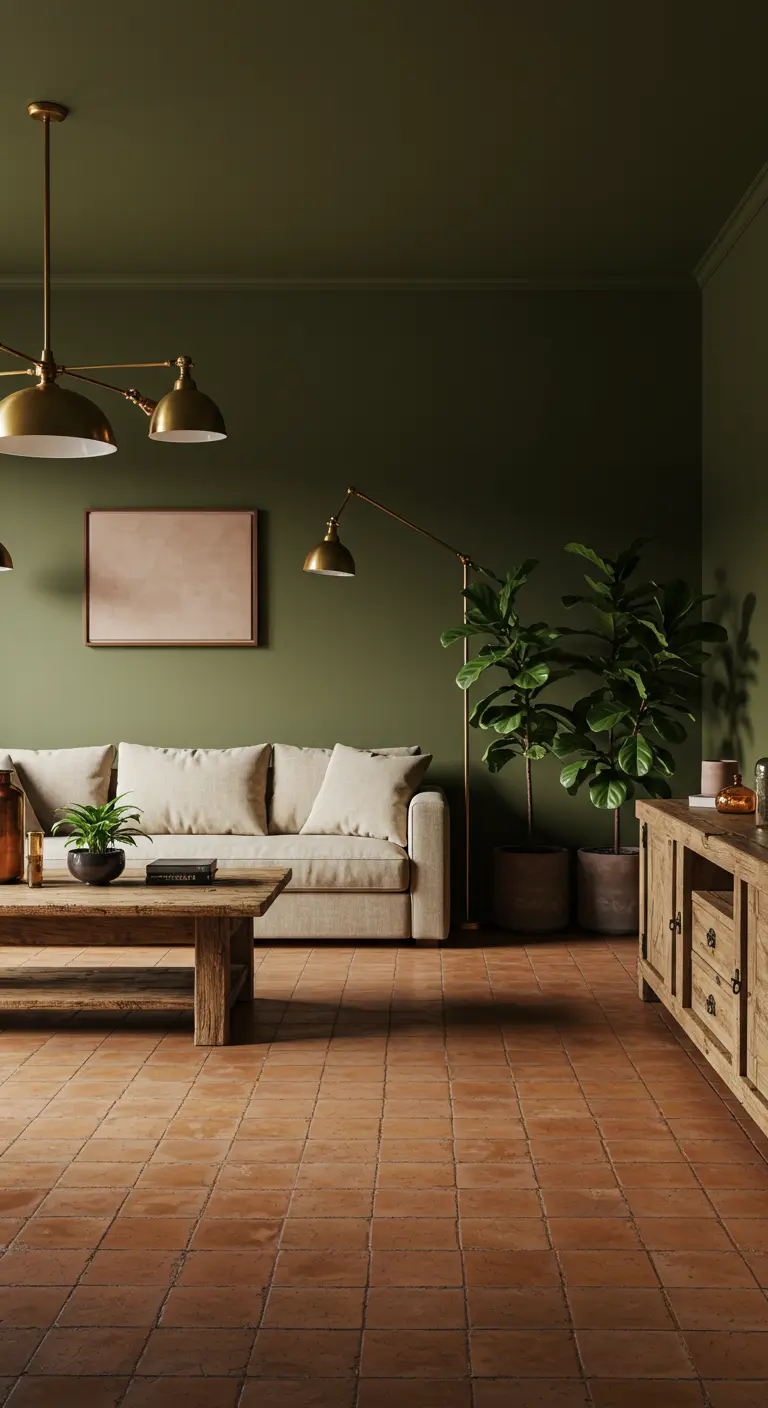 Salon avec murs vert olive, carrelage en terre cuite et luminaires en laiton.