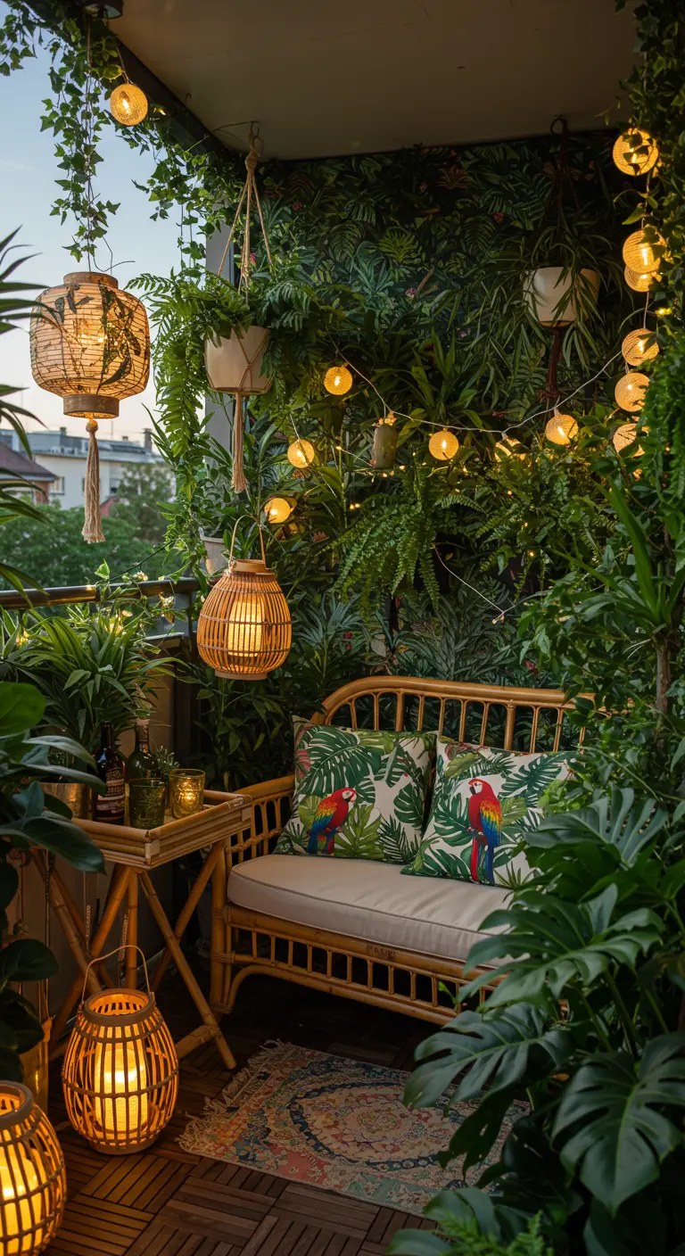 Balcon luxuriant rempli de plantes vertes, avec un canapé en rotin et des lanternes.