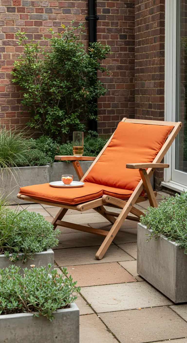 Chaise longue en bois avec coussins orange dans une cour en briques.