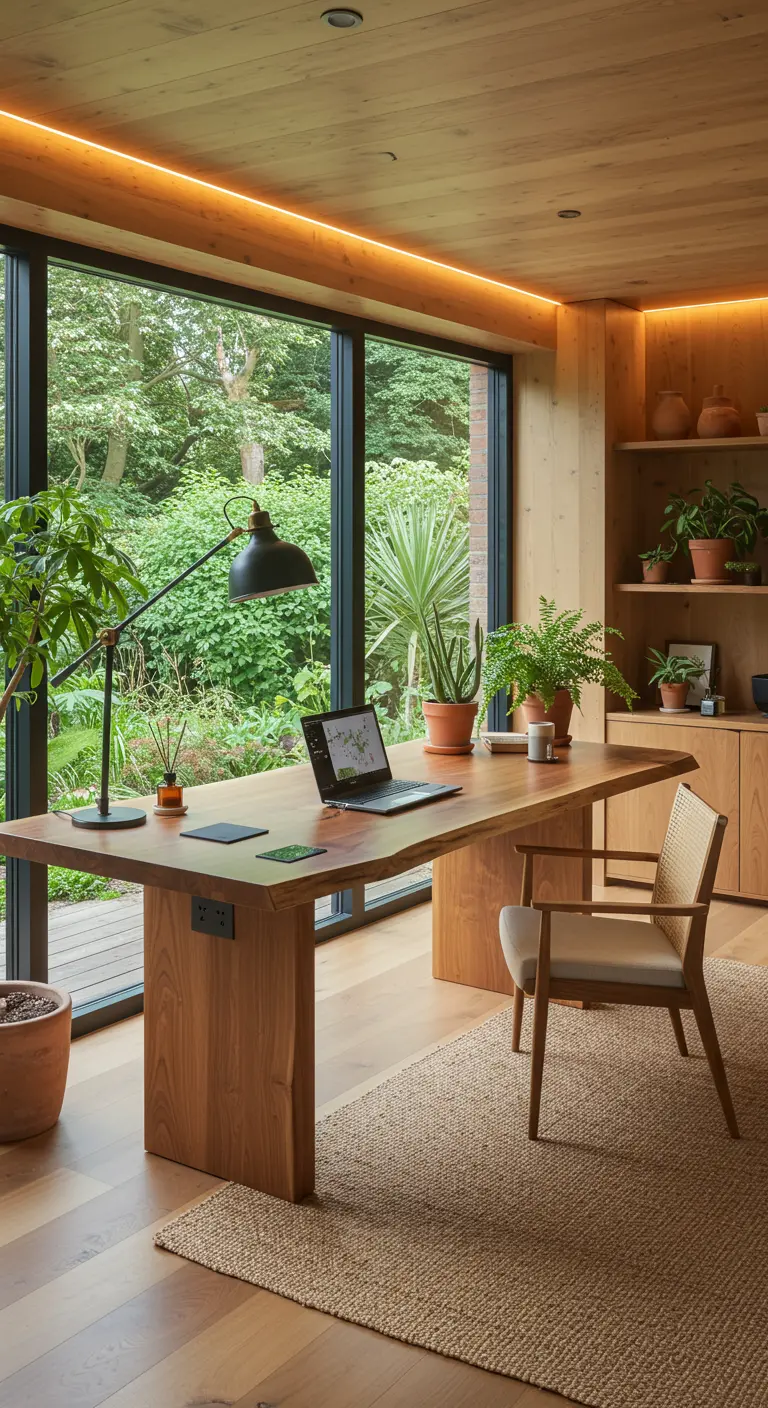 Grand bureau en bois massif avec vue sur jardin, décoré de plantes vertes
