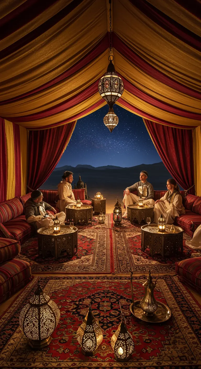 Intérieur d'une tente orientale luxueuse avec des tapis et des lanternes.