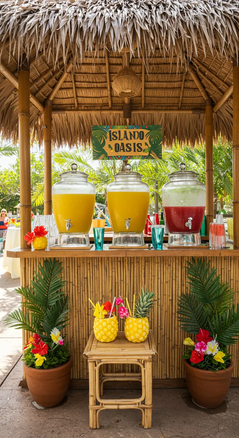 Bar de style tiki en bambou avec de grandes bonbonnes de jus de fruits colorés.