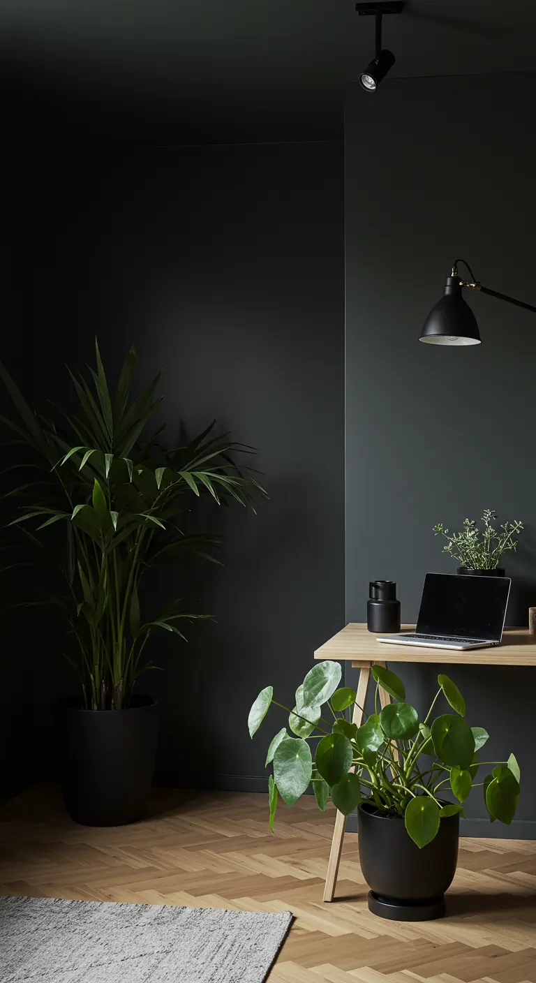 Bureau en bois dans une pièce aux murs noirs, avec des plantes dans des pots noirs.